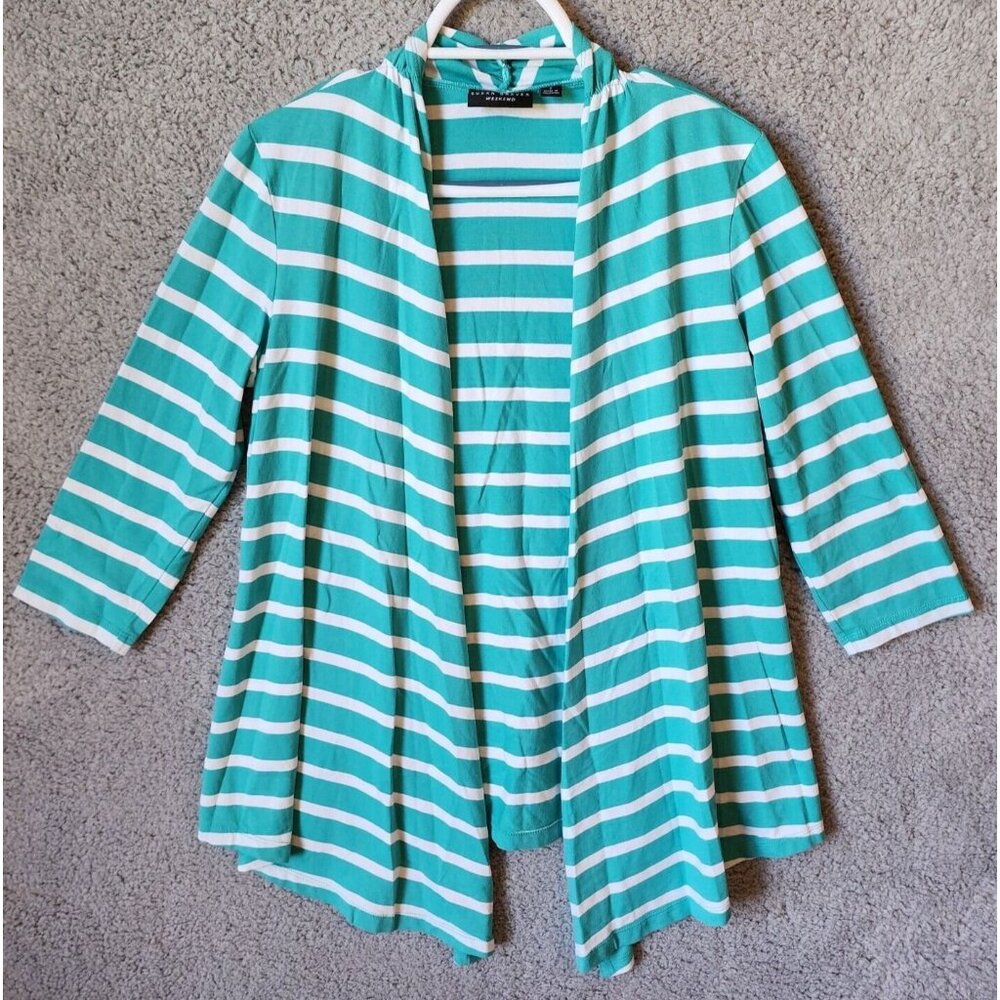 Susan Graver Weekend Women's 3/4 Sleeve Open Front Cardigan Stretch Blue/White S